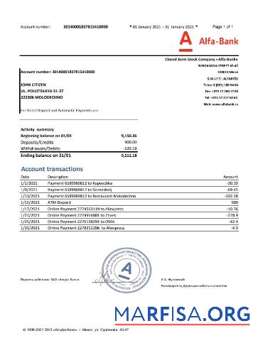 Realistic Belarus Alfa bank statement word example